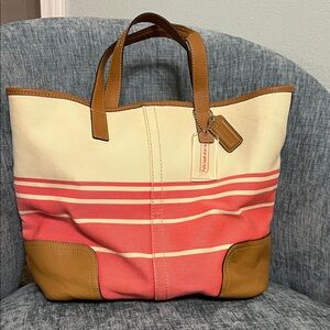 Coach Coral and Tan Striped Tote